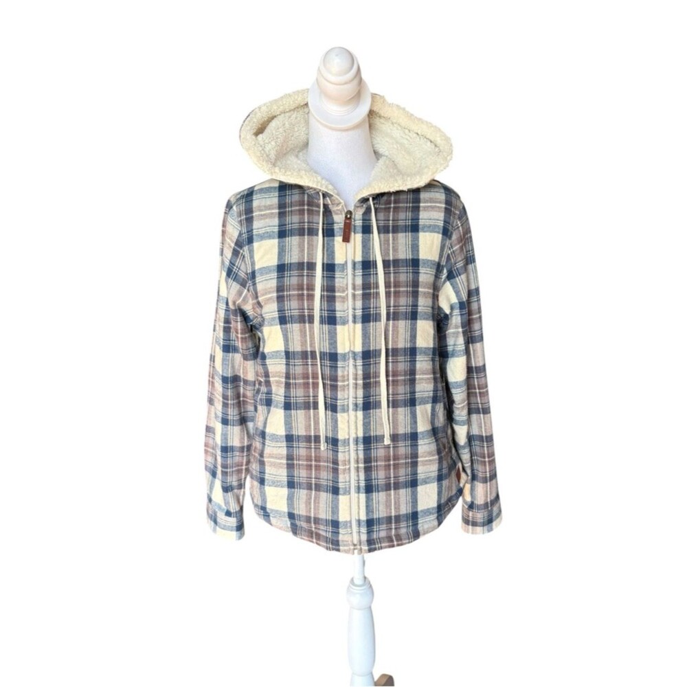 LL Bean Scotch Plaid Sherpa Lined Flannel Zip Up Hoodie Jacket Coat Womens XS